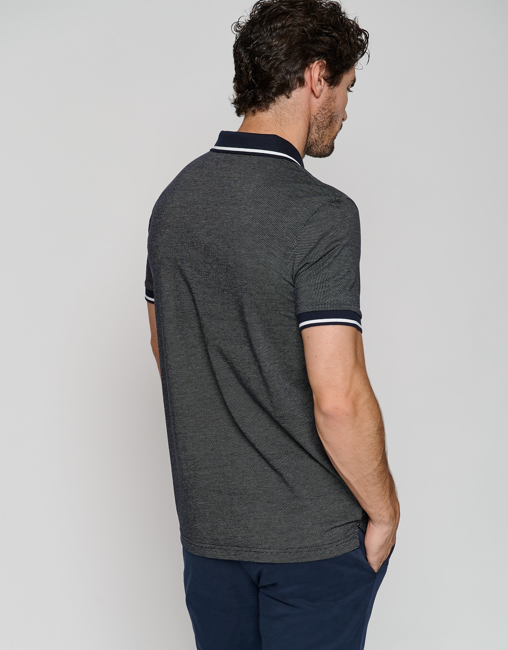 Navy blue and white mercerized jacquard polo ... | Roberto Verino