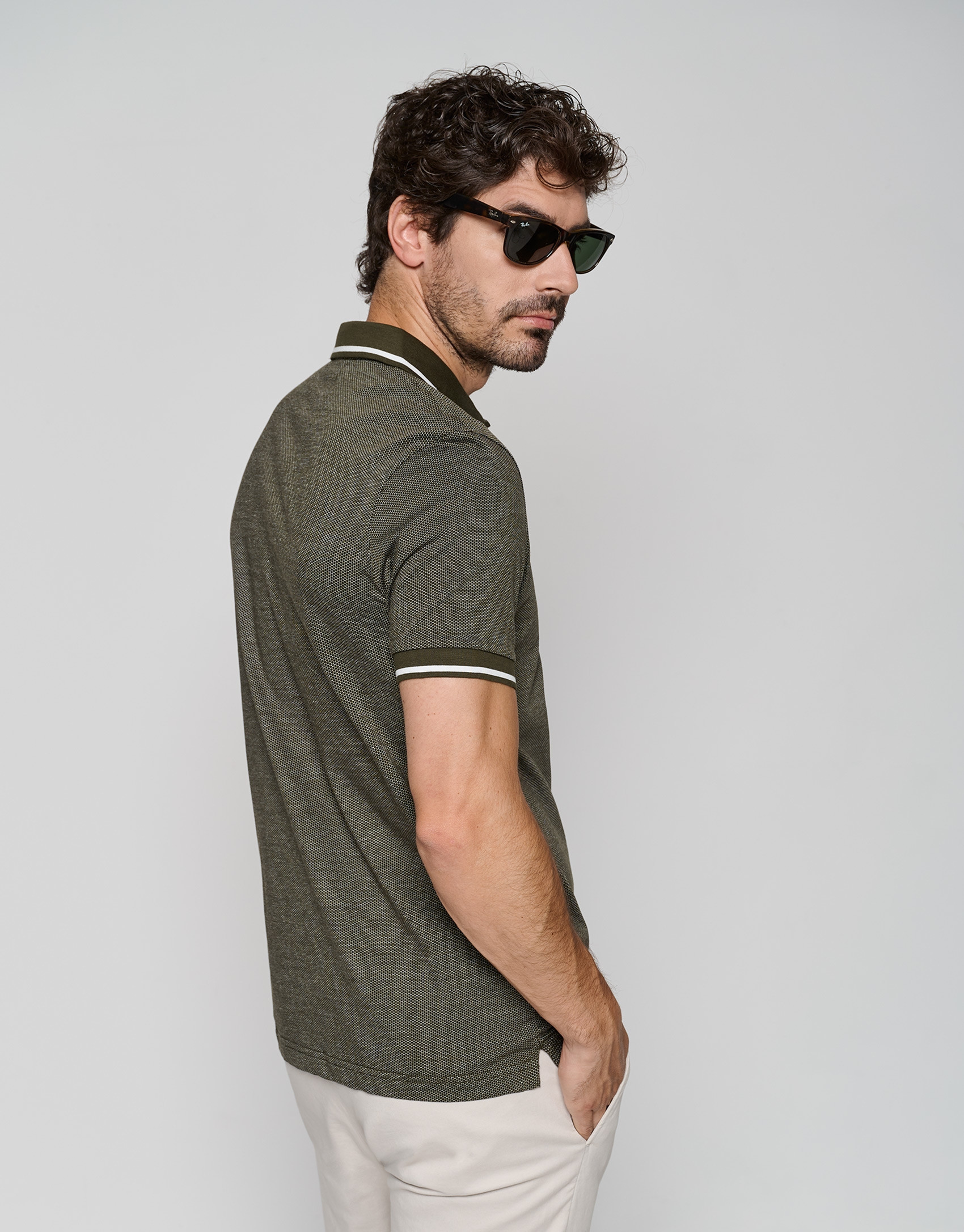 Khaki and white mercerized jacquard polo shirt | Roberto Verino