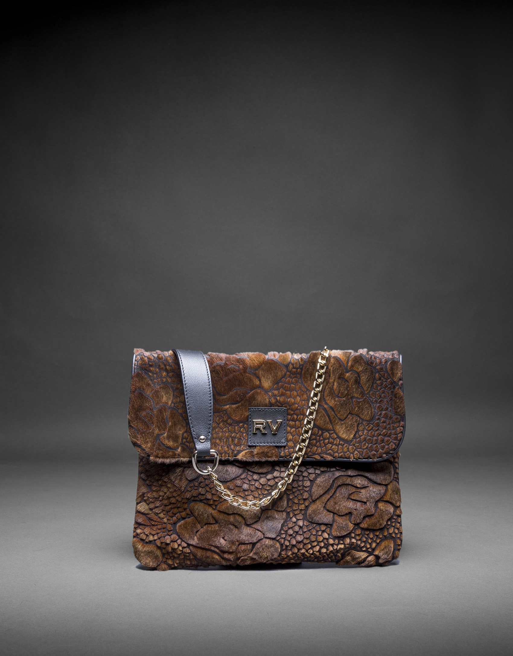 Black napa Miranda Soft  bag with embossed toast fantasy fur flower 