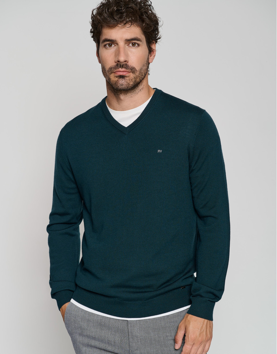 Jersey cuello pico color verde oscuro - Hombre | Roberto Verino