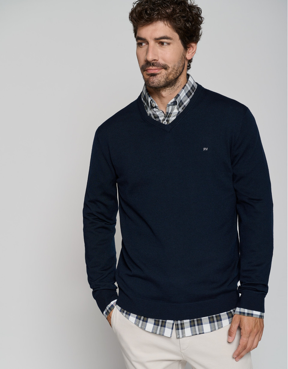 Navy blue wool sweater with V-neck  - Man | Roberto Verino