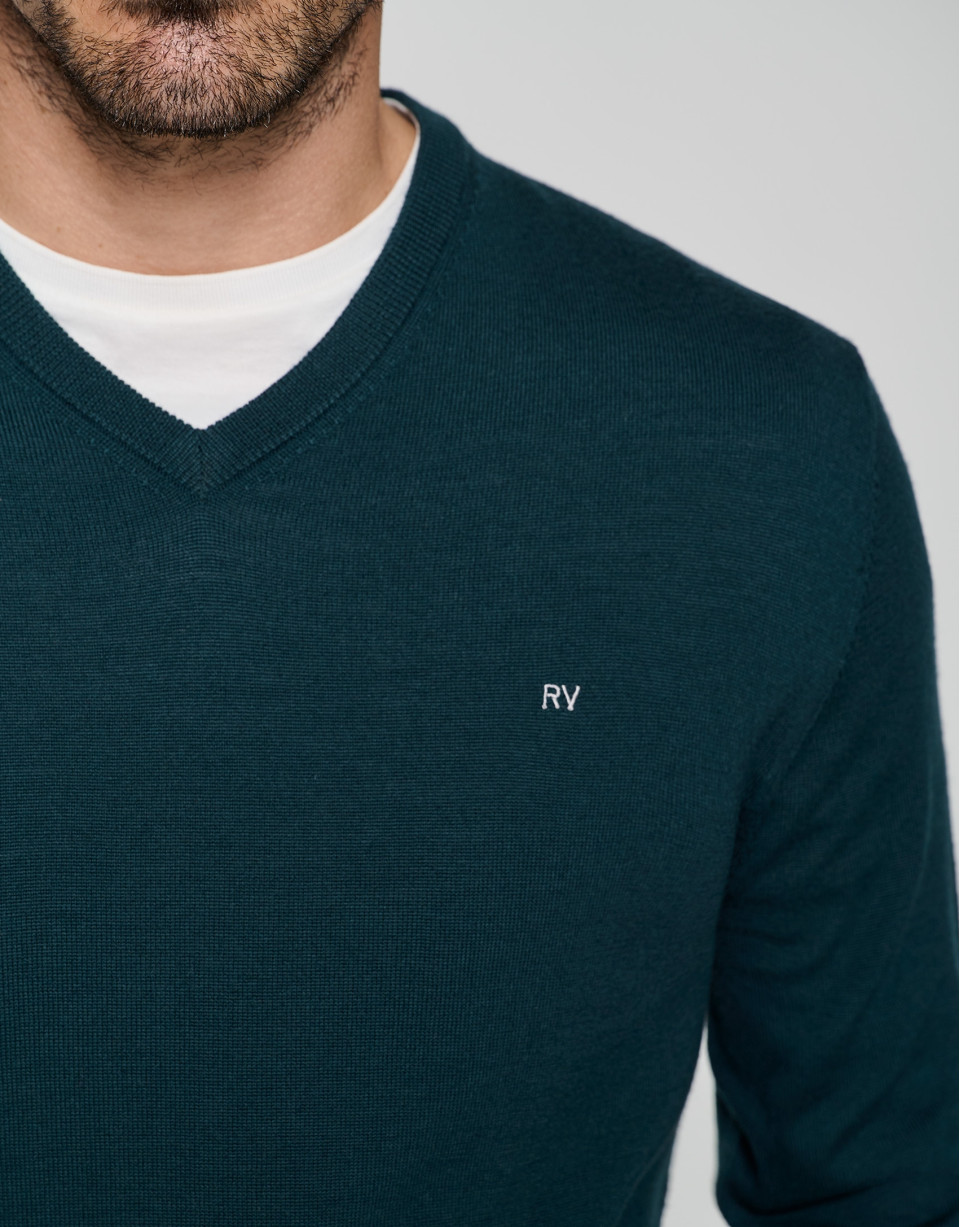 Dark green wool sweater with V-neck  - Man | Roberto Verino