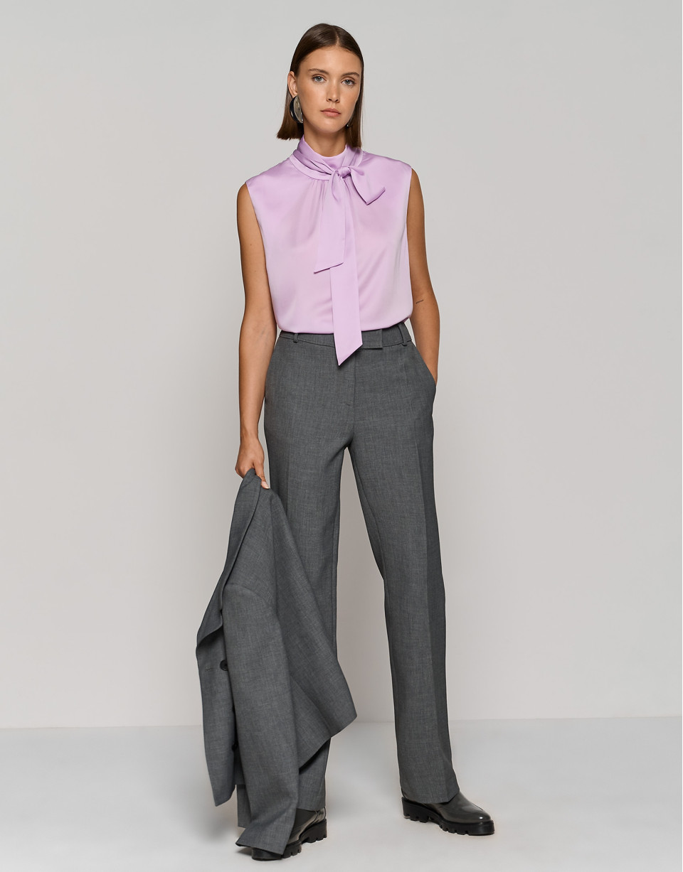 Aubergine satin knit top with bow