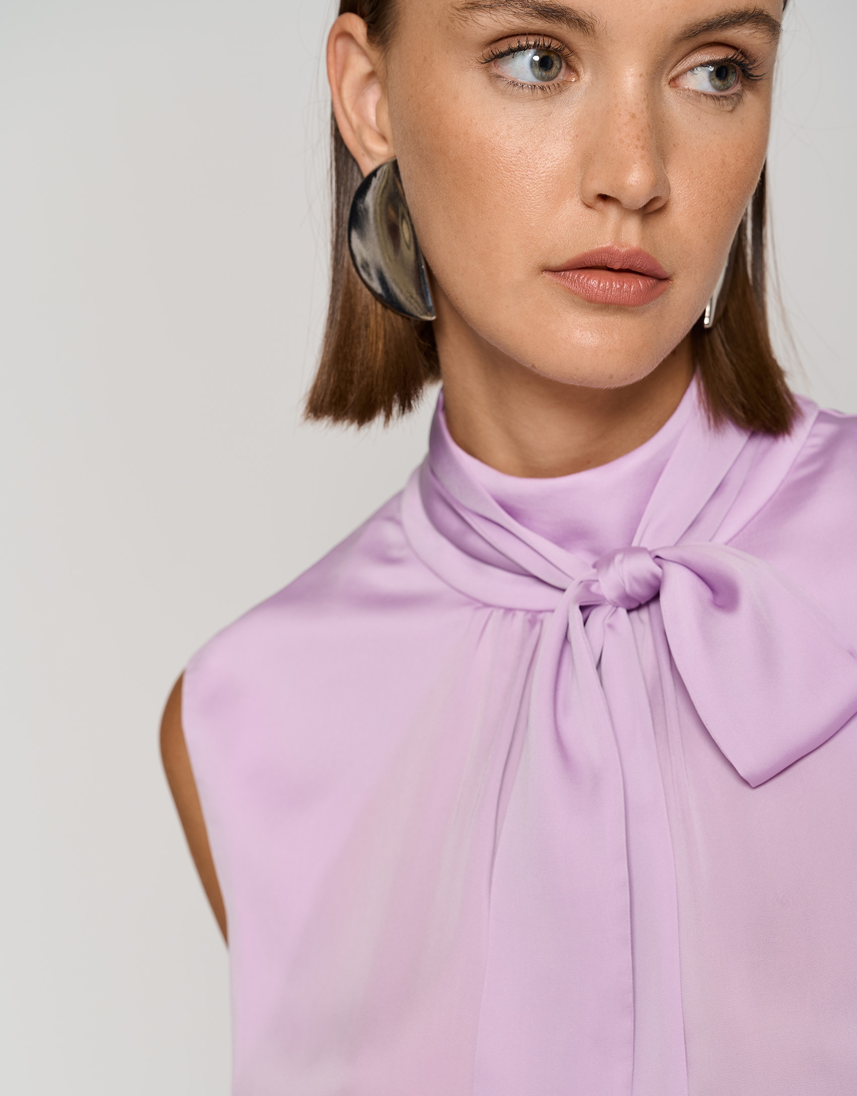 Aubergine satin knit top with bow
