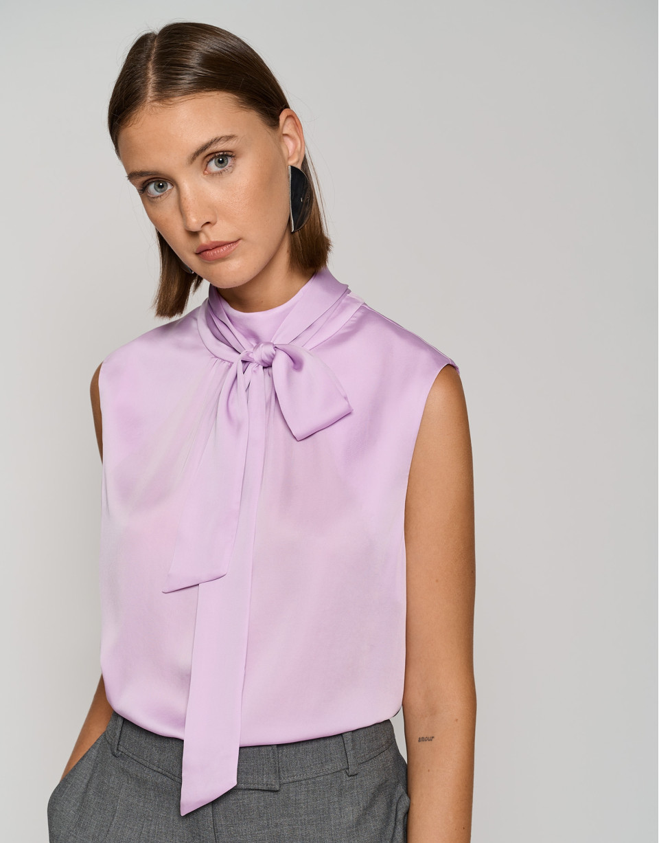 Aubergine satin knit top with bow