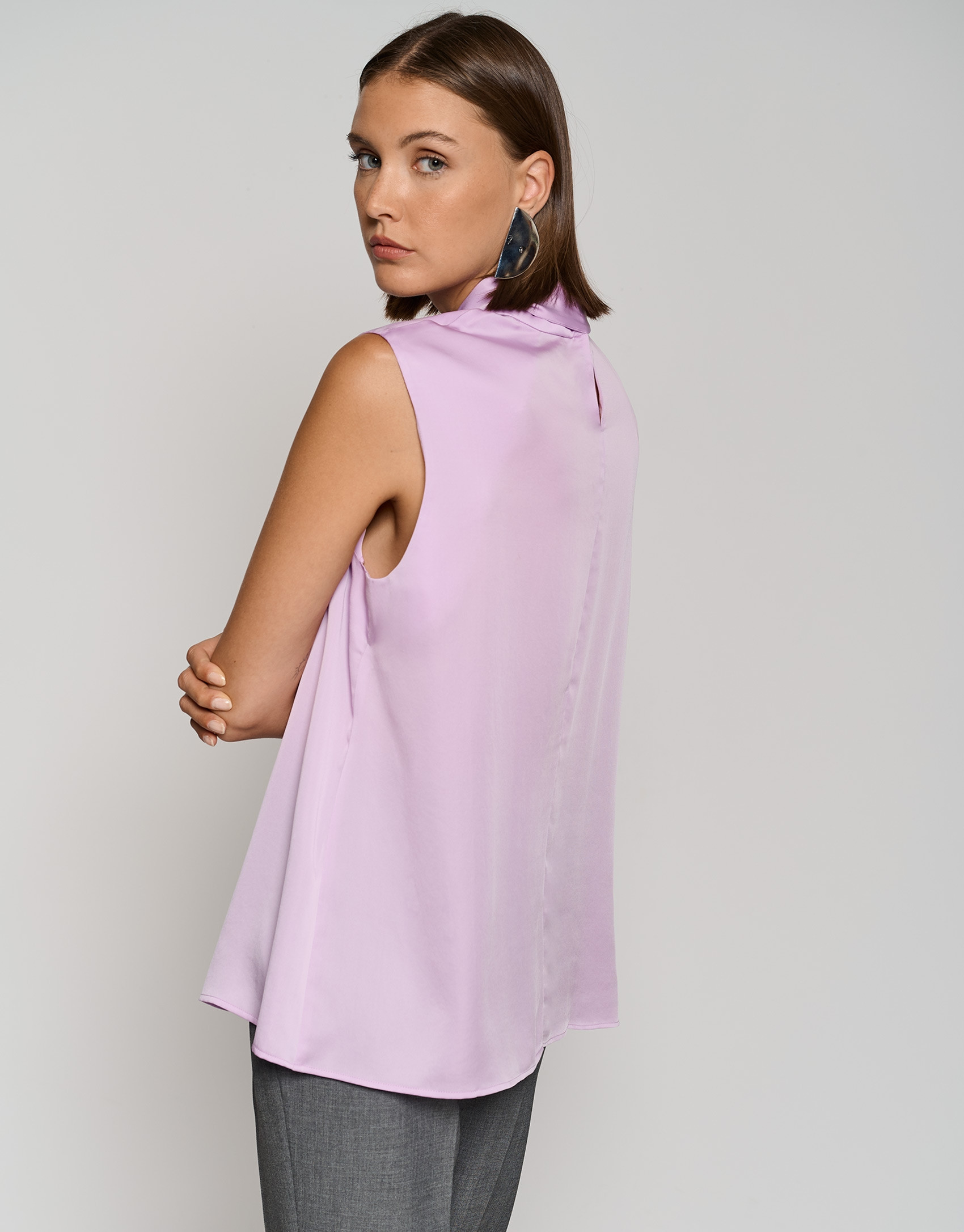 Aubergine satin knit top with bow