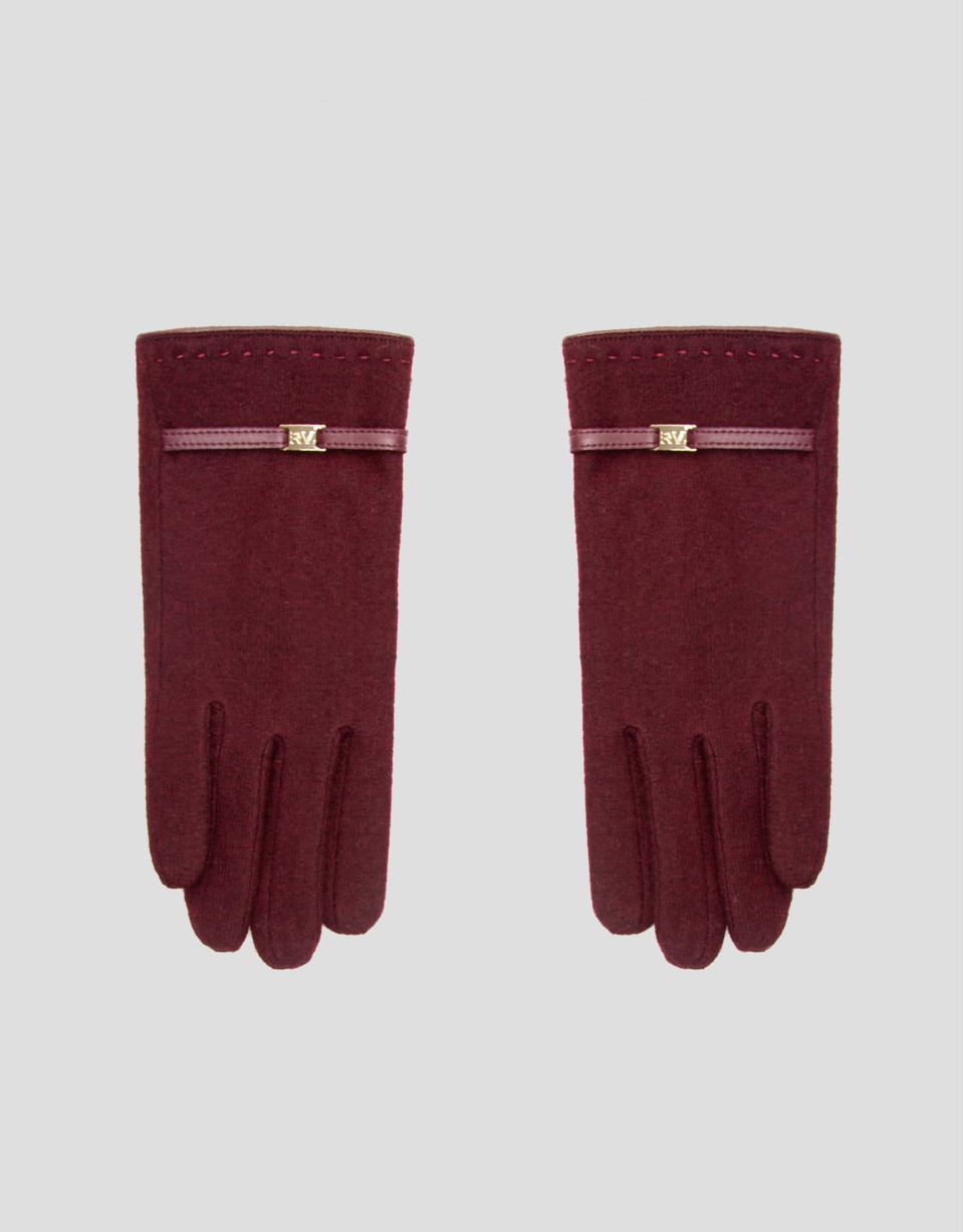 Burgundy knit gloves with leather trim