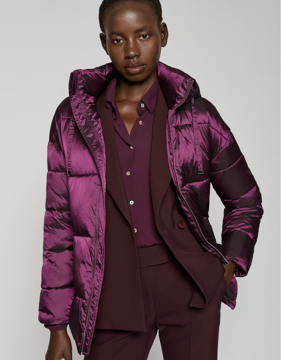 Maroon quilted windbreaker with hood and side... | Roberto Verino