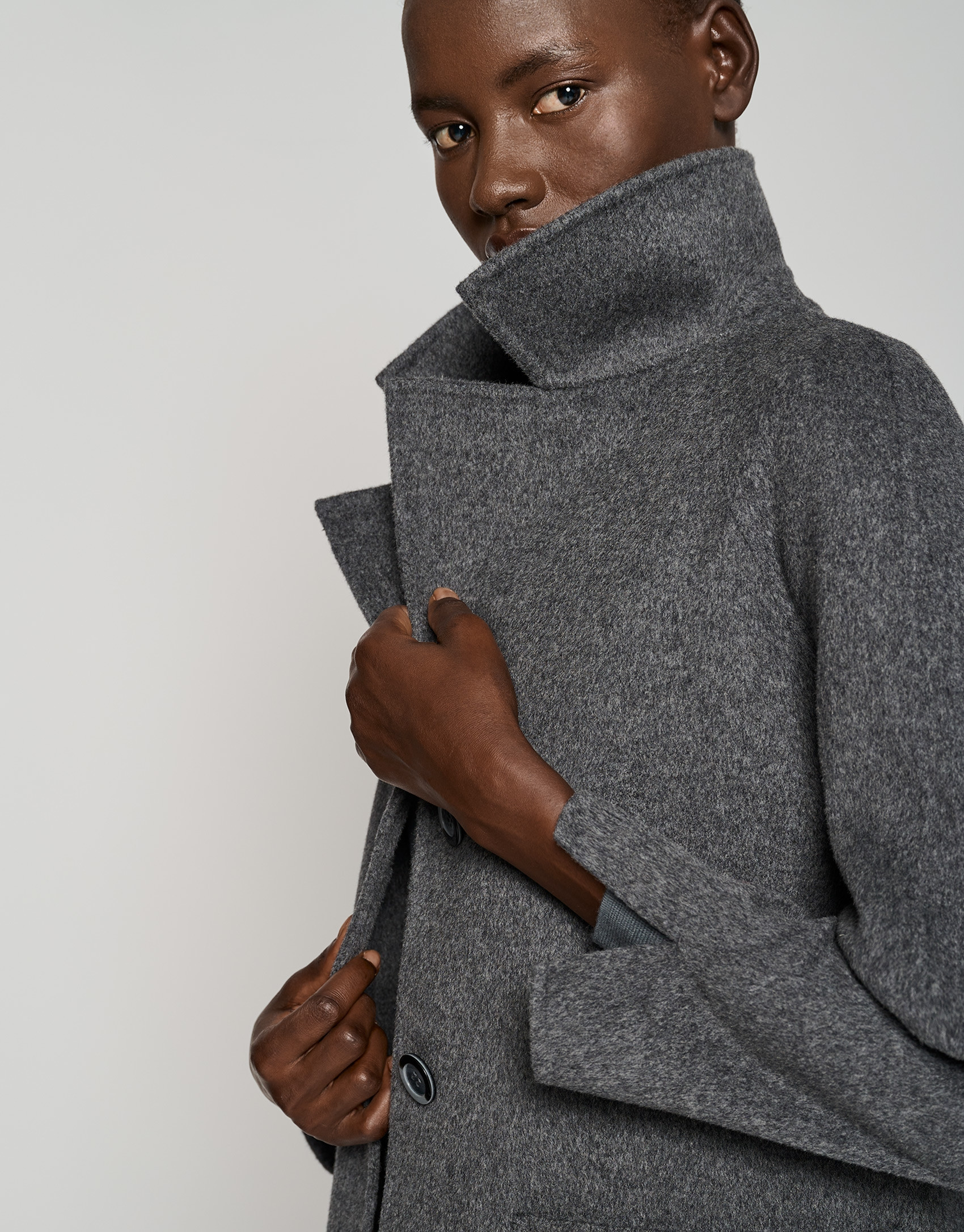 Long gray double-faced cloth coat with side ... | Roberto Verino