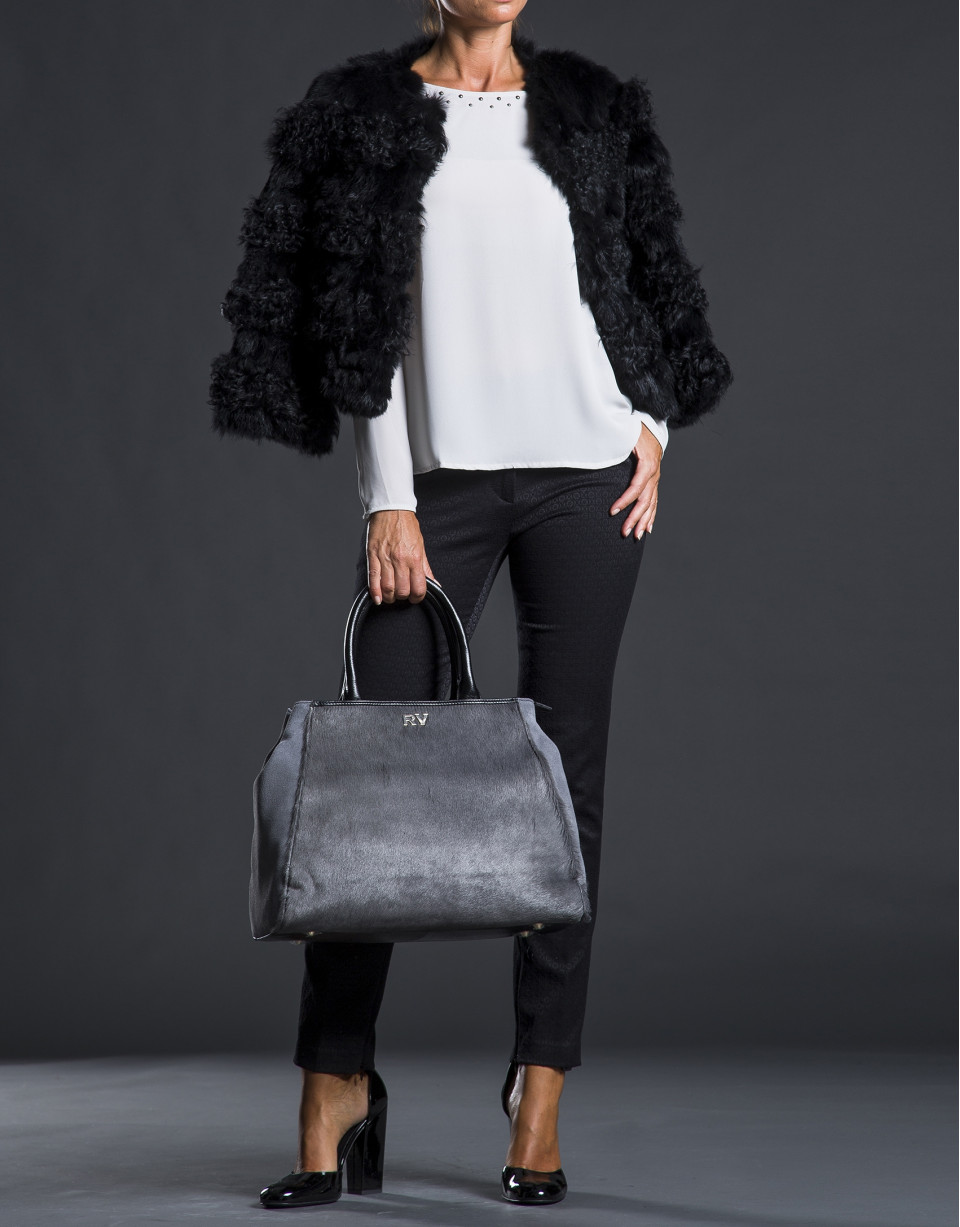 Bolso Justin con pelo de potro en gris combinado con piel y ante en negro