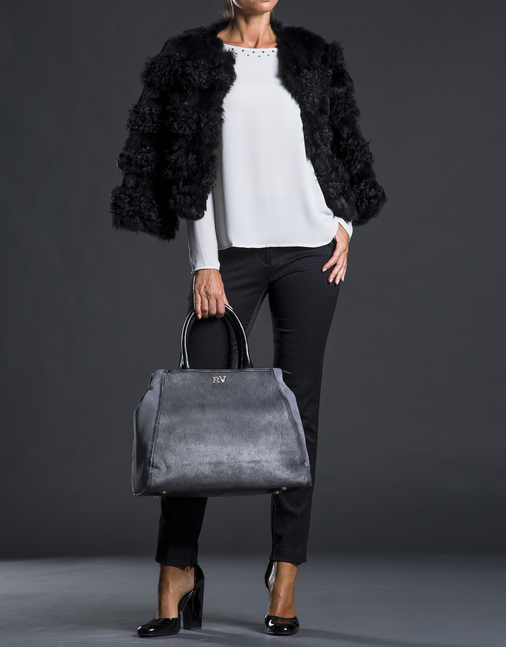 Bolso Justin con pelo de potro en gris combinado con piel y ante en negro