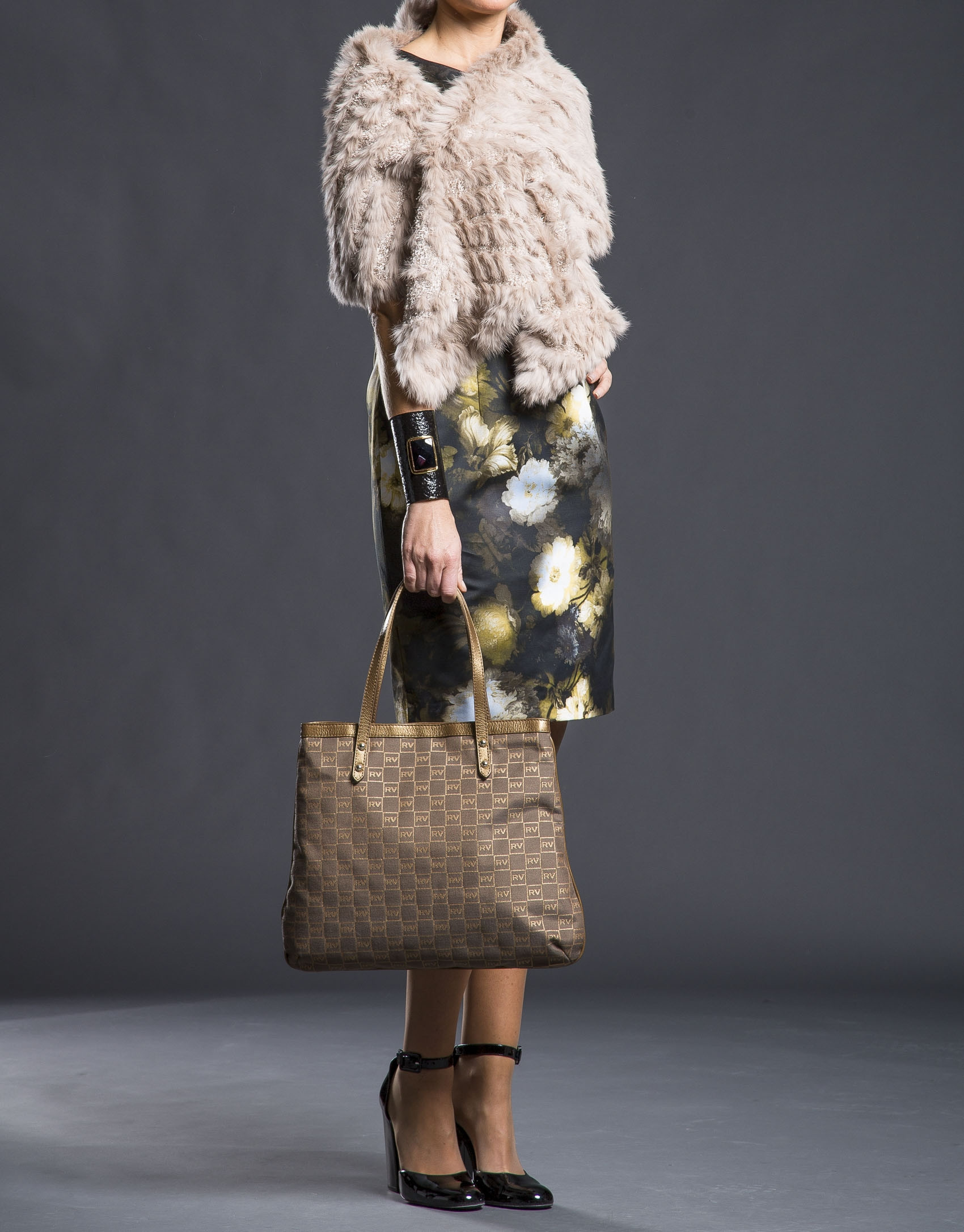 Bolso Birdy en jaquard RV  topo con lurex dorado y piel metalizada