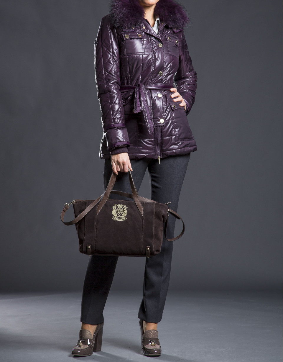 Bolso Ashton en en ante marrón y escudo RV bordado en lurex oro claro