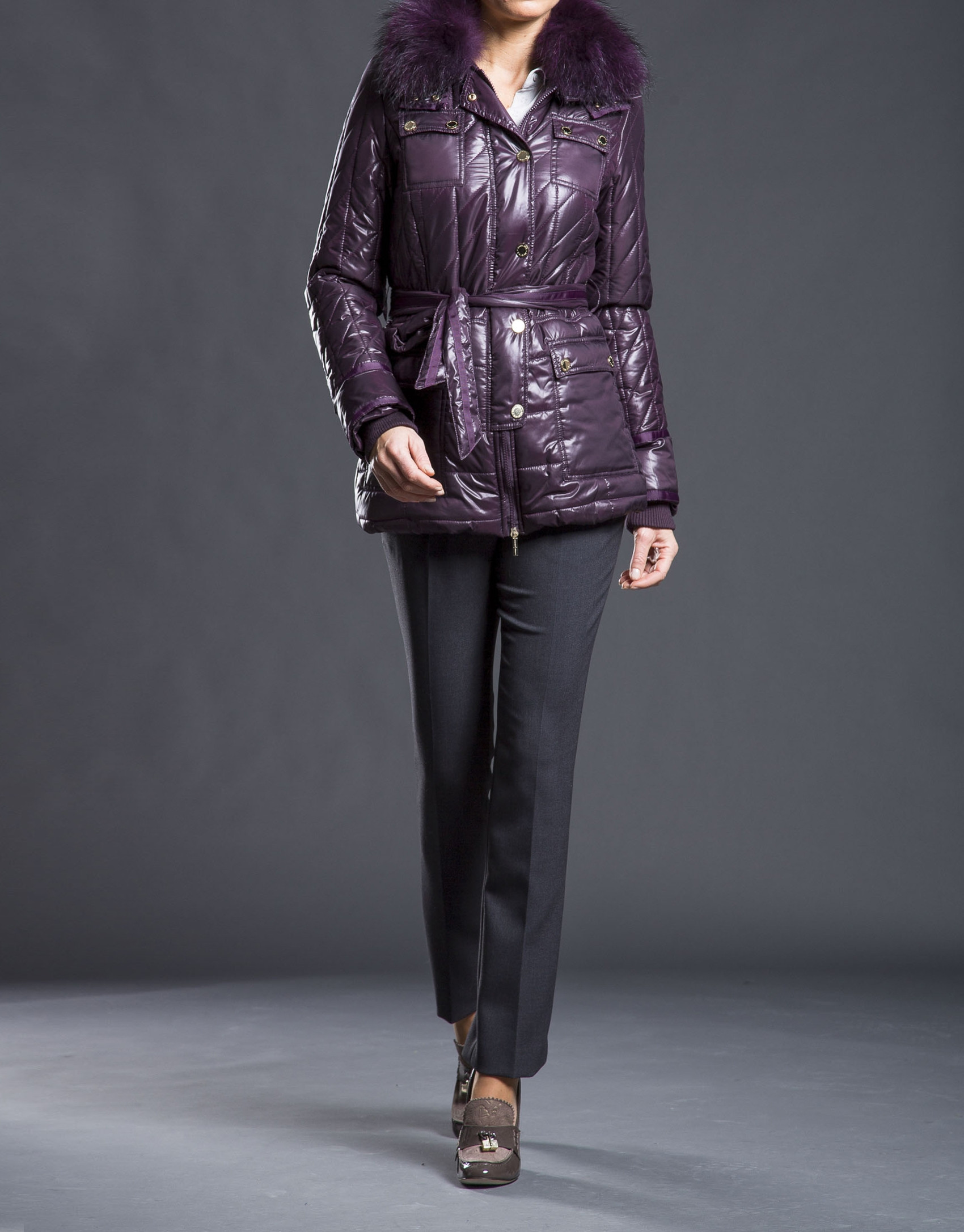 Short aubergine raccoon trench coat