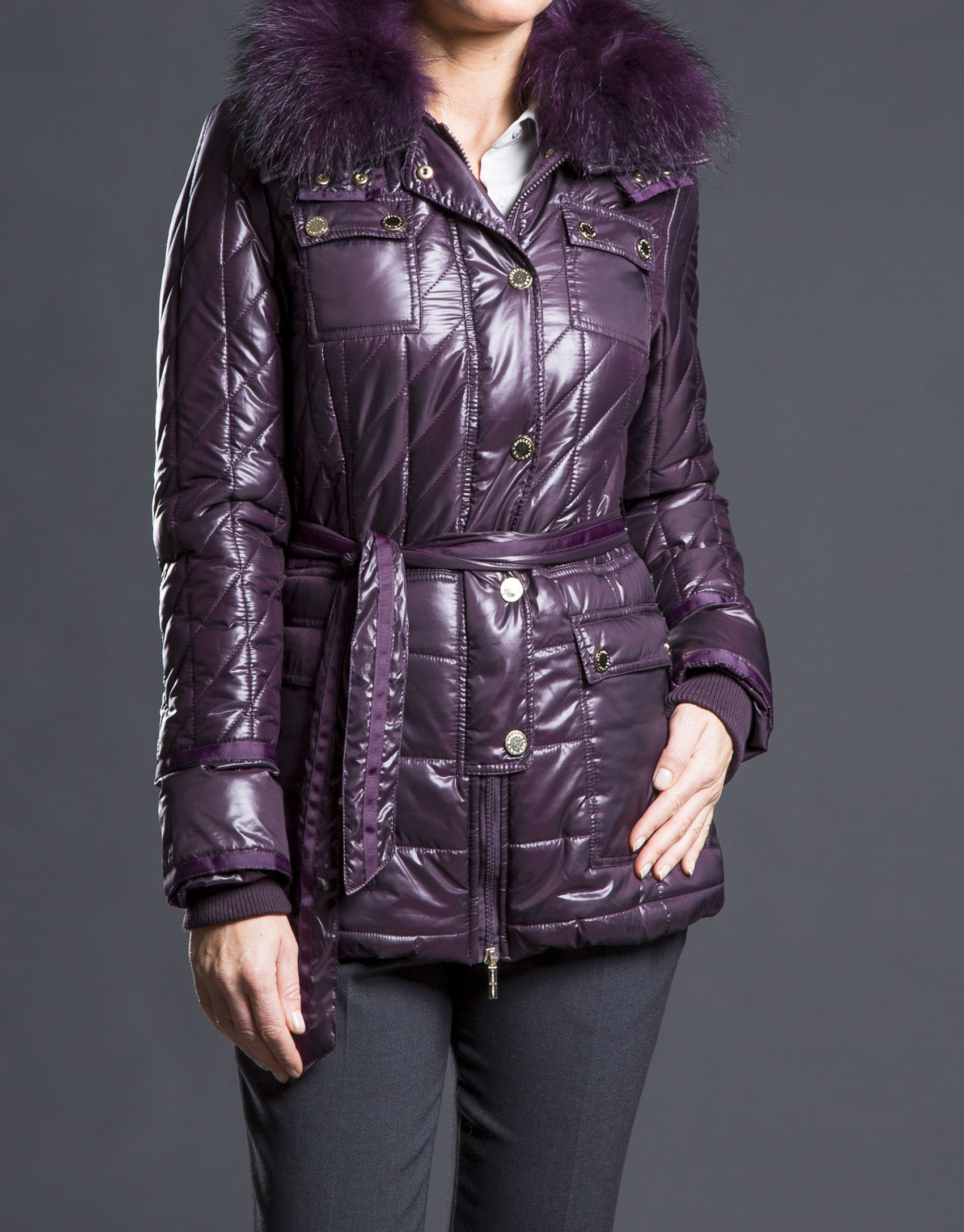 Short aubergine raccoon trench coat