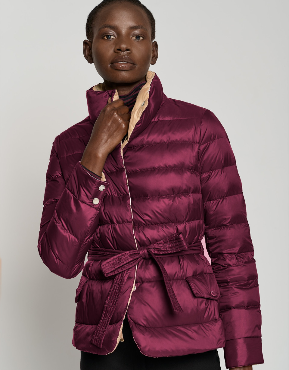 Purple and camel reversible quilted down jacket