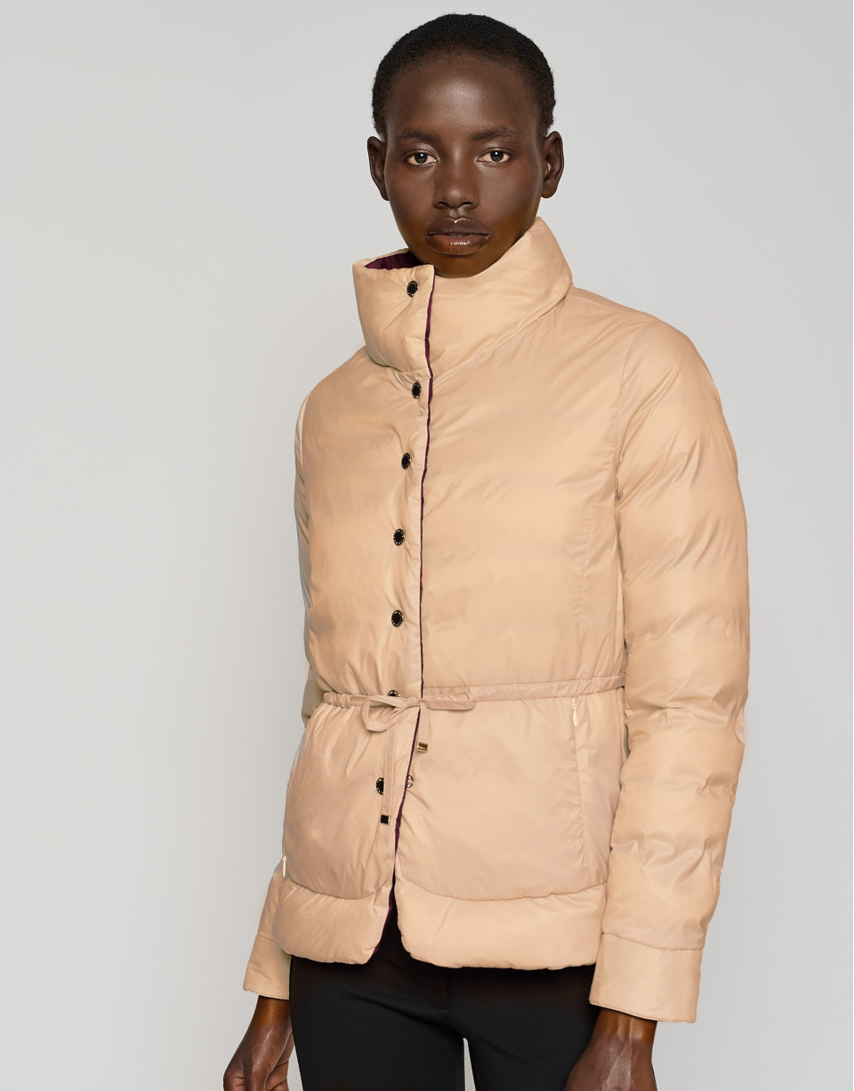 Purple and camel reversible quilted down jacket