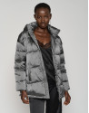 Gray quilted windbreaker with hood and side slits 