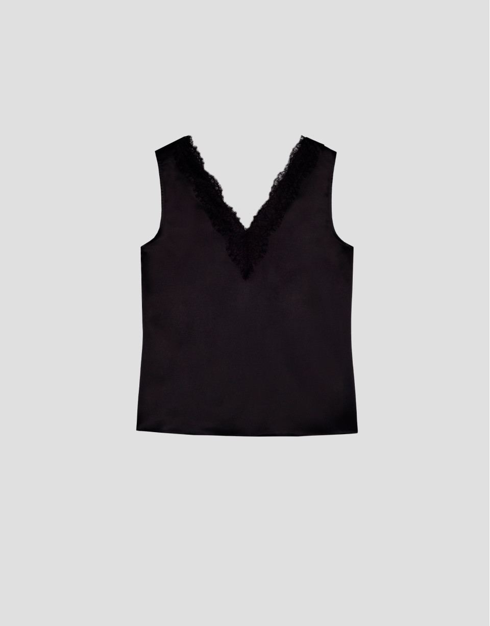 Top negro escote pico con encaje - Mujer | Roberto Verino