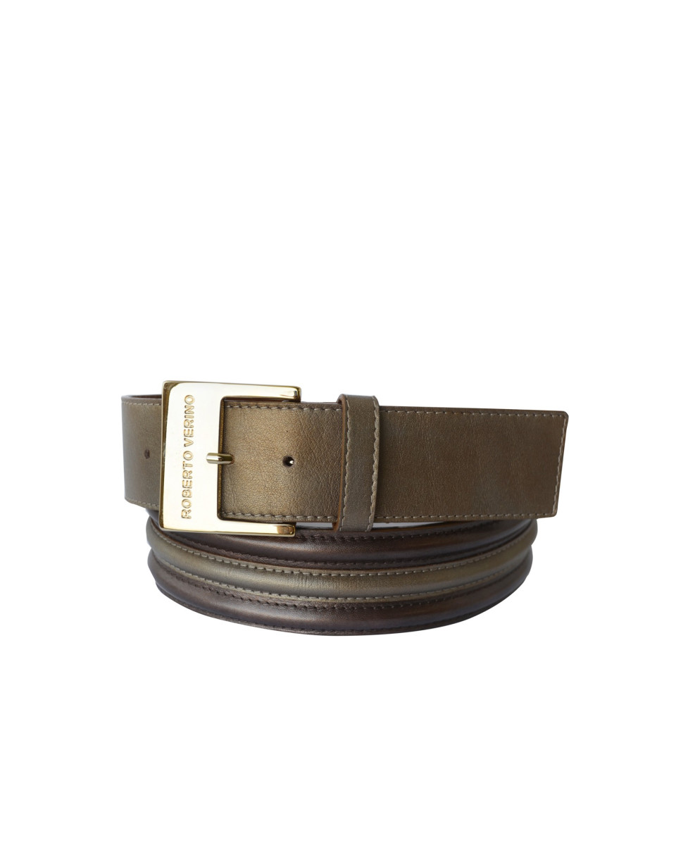 Wide metallic brown leather belt
