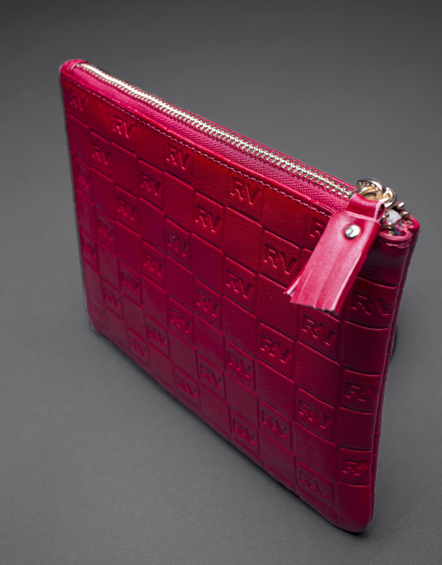 Red leather vanity case with embossed RV