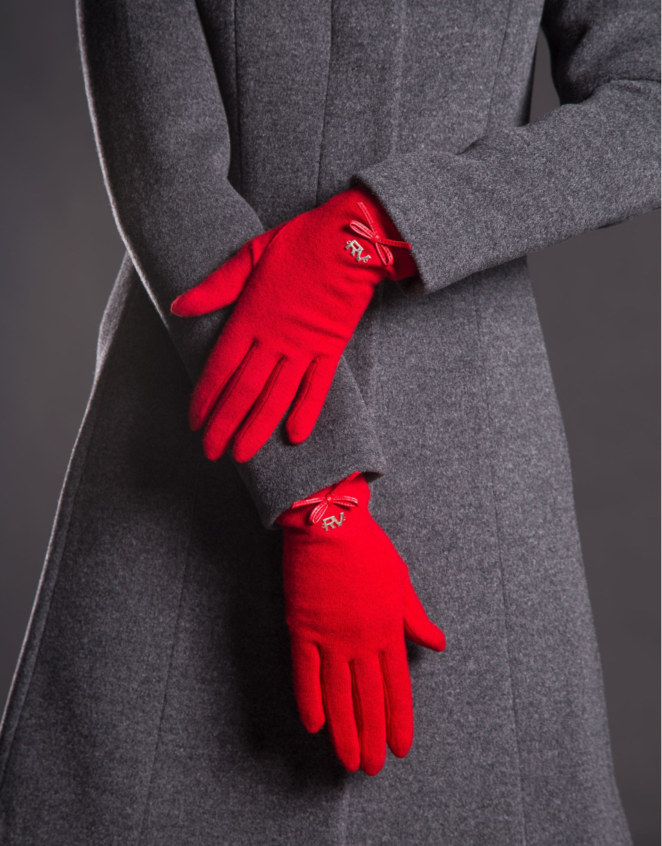 Knit gloves with trimming and brown leather bow 