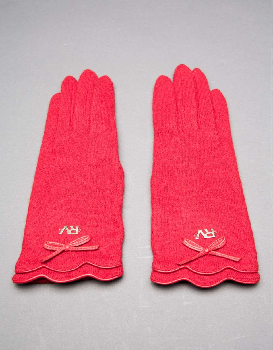 Knit gloves with trimming and brown leather bow 