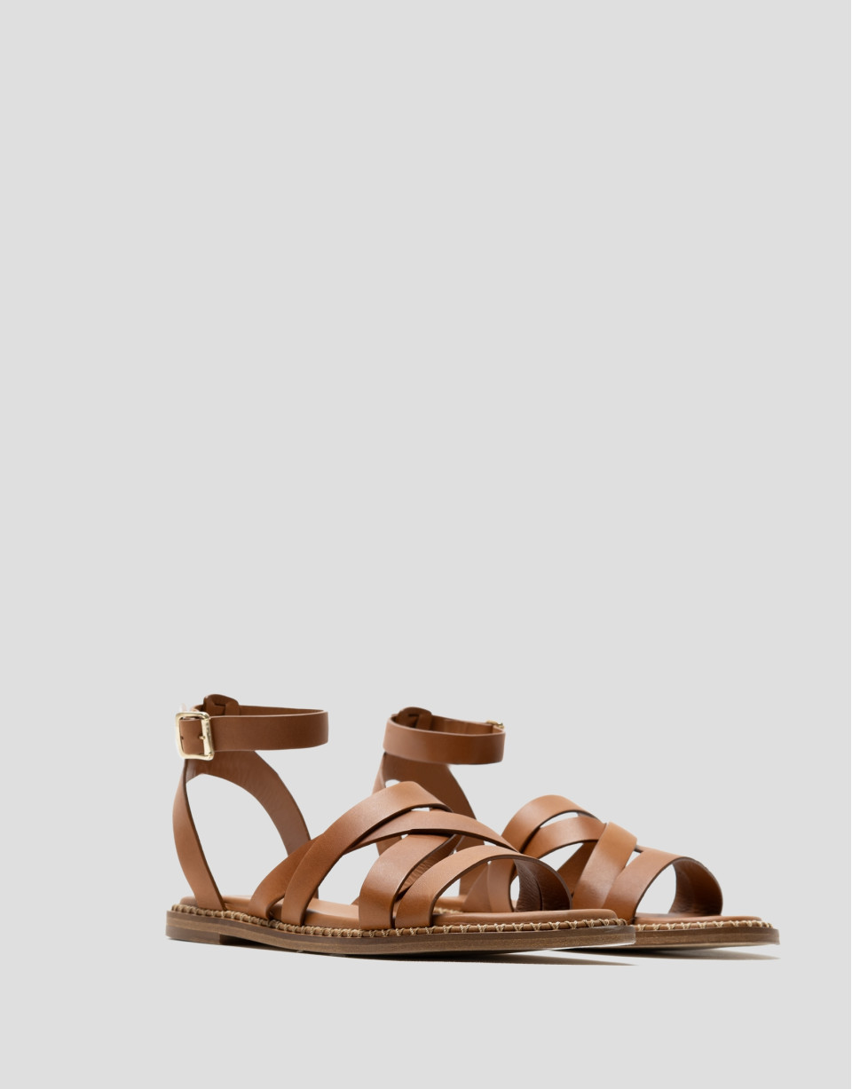 Brown leather flat Greek sandals