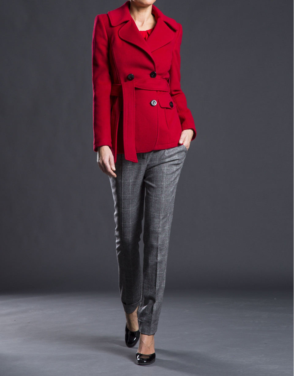 Double-breasted red jacket with belt