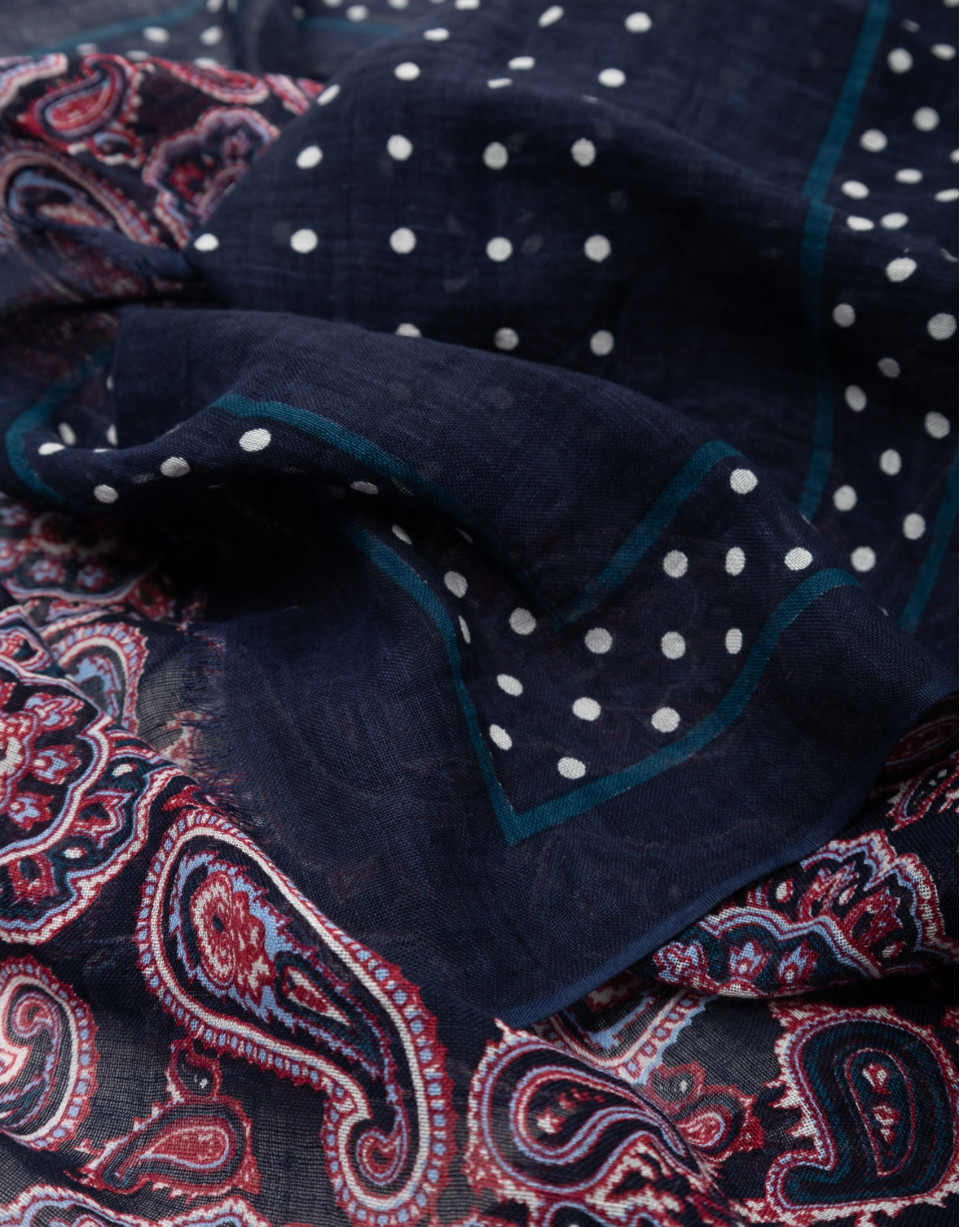 Foulard with navy blue, red and white small and big dots