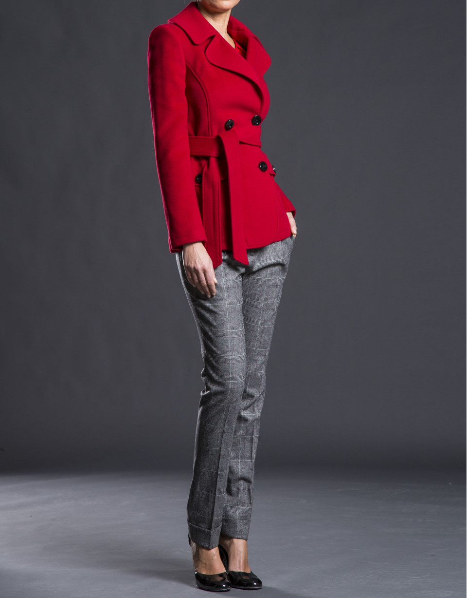 Double-breasted red jacket with belt