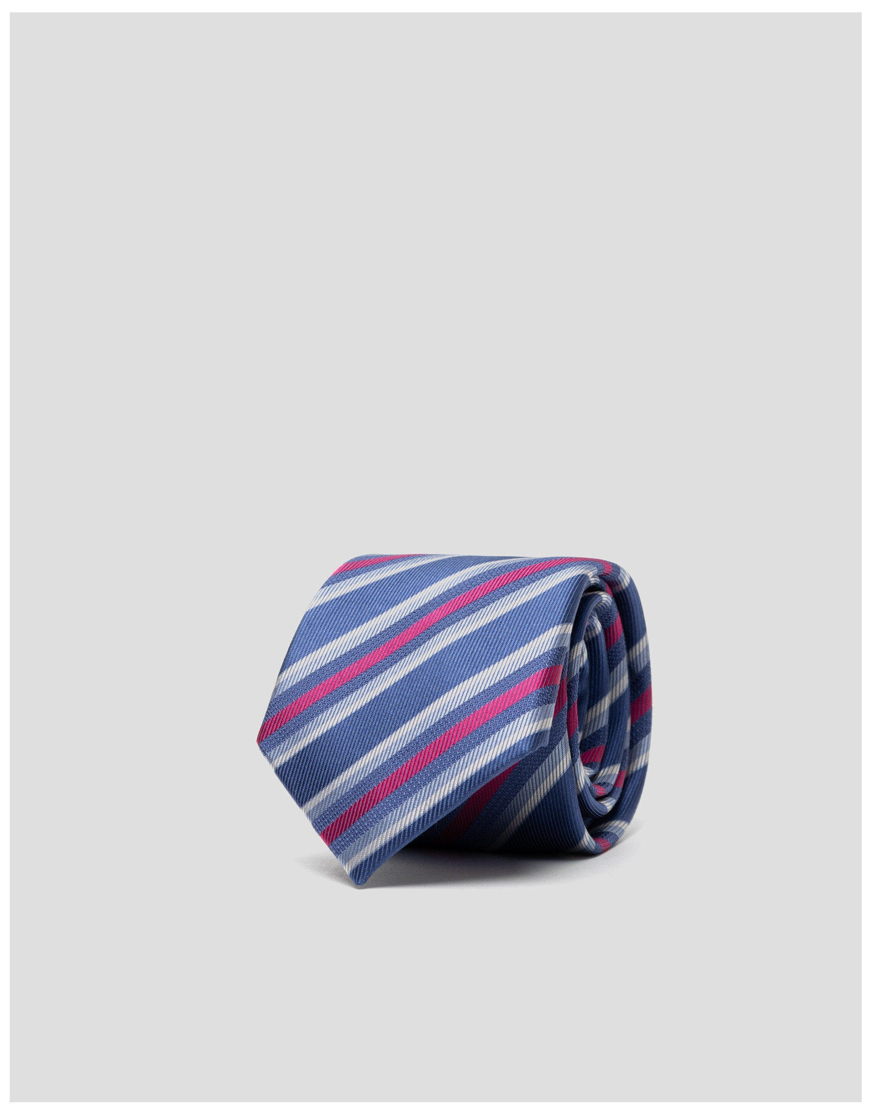 Blue silk tie with white, light blue and fuchsia stripes