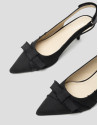 Black, sling-back pumps with frayed fabric