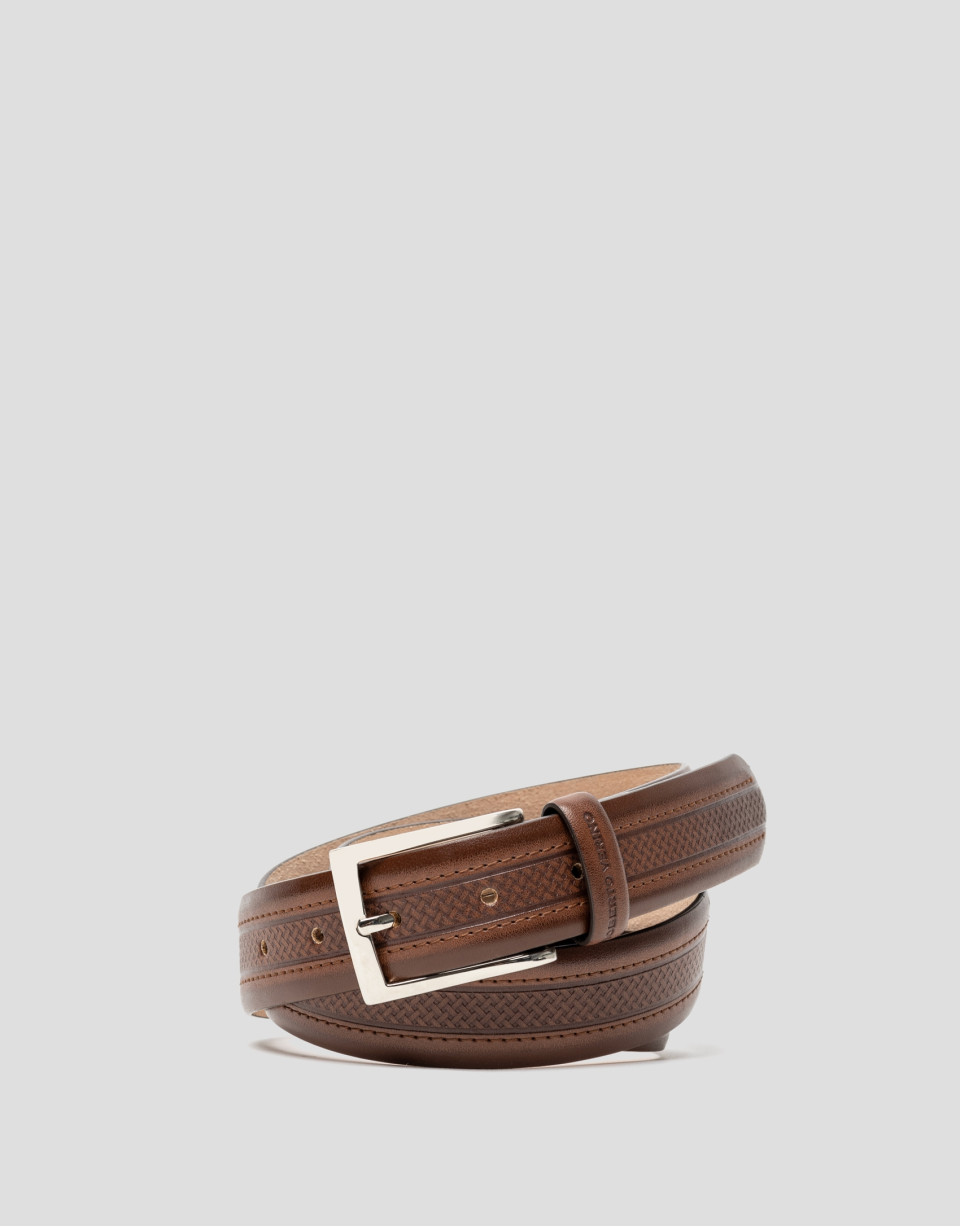 Hazel leather belt with embossed center - Man | Roberto Verino