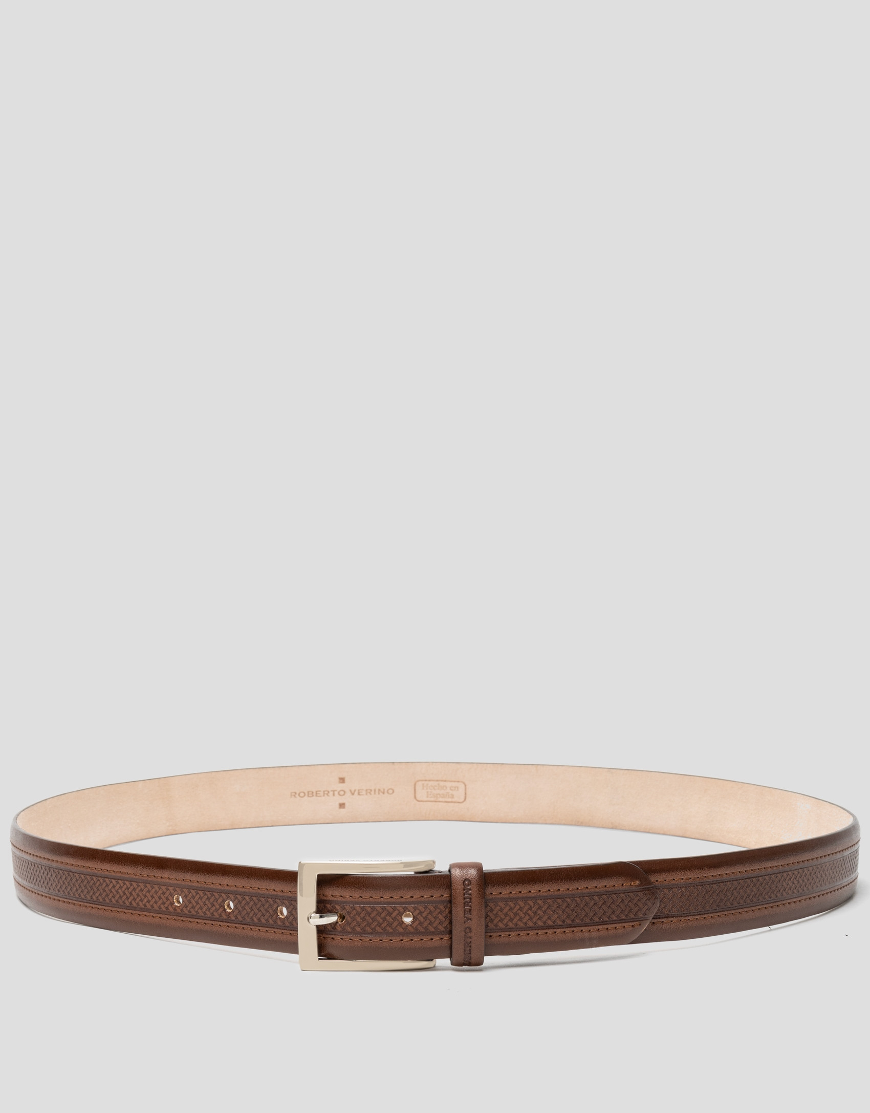 Hazel leather belt with embossed center - Man | Roberto Verino