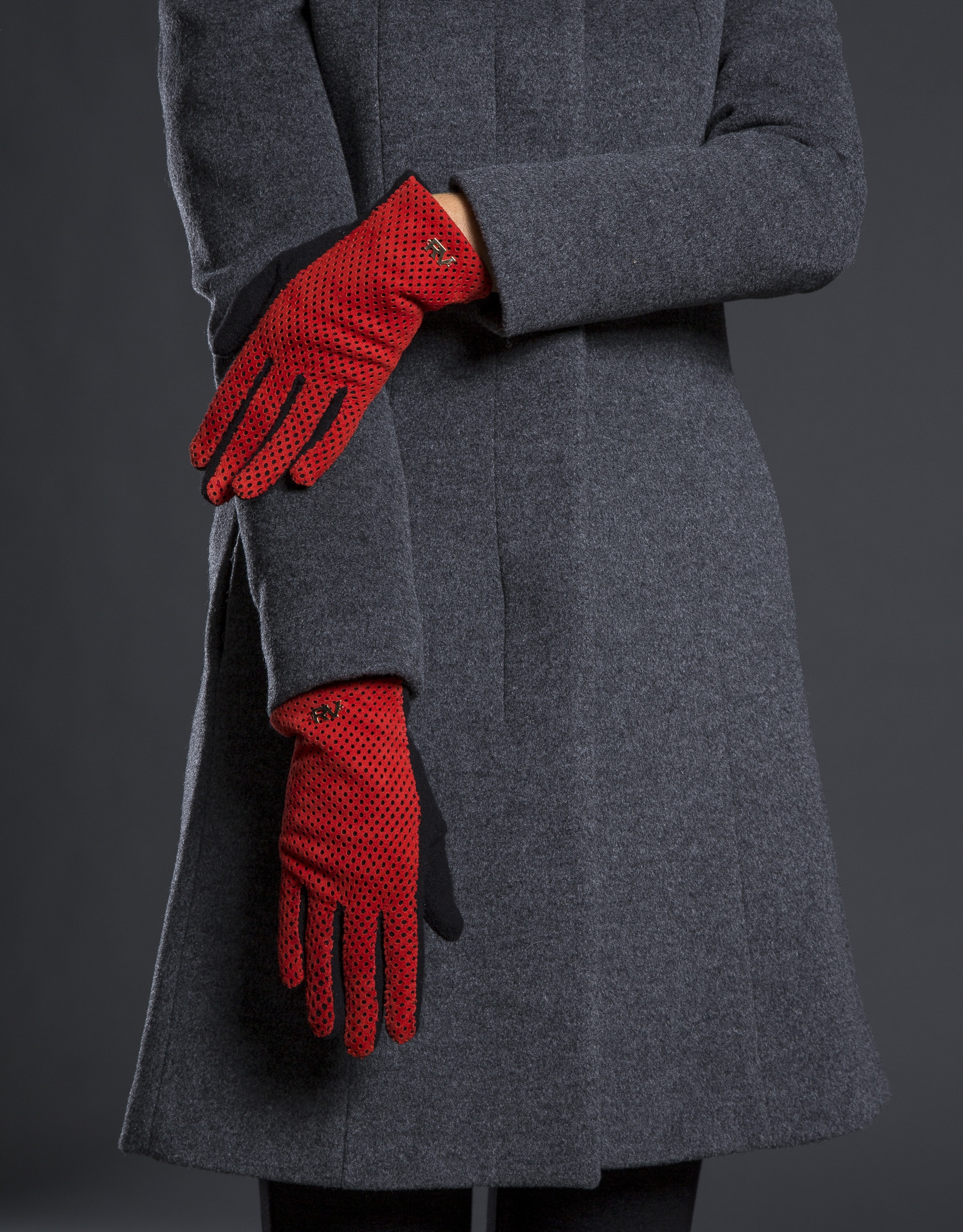 Black knit gloves with red embossed suede 