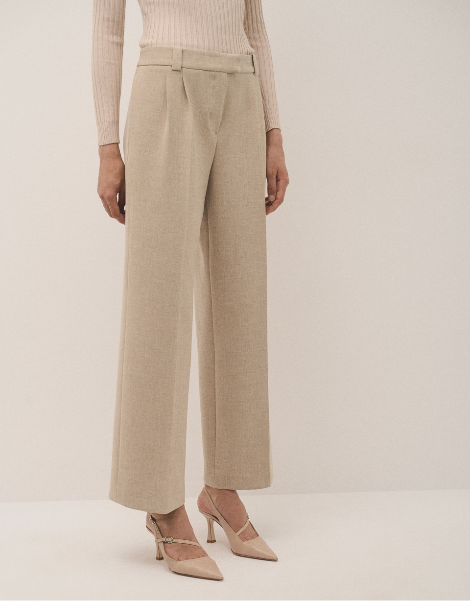 Pantalón recto pinzas doble crepé beige - Mujer | Roberto Verino