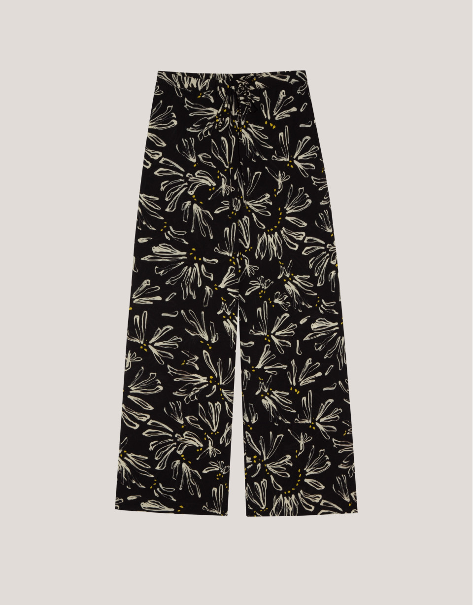 Pantalón palazzo negro estampado flores beige | Roberto Verino