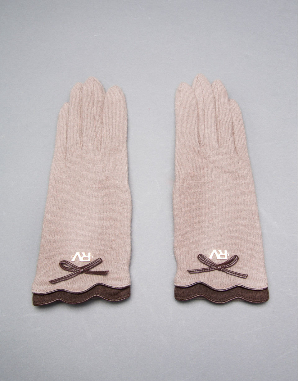 Knit gloves with trimming and brown leather bow 