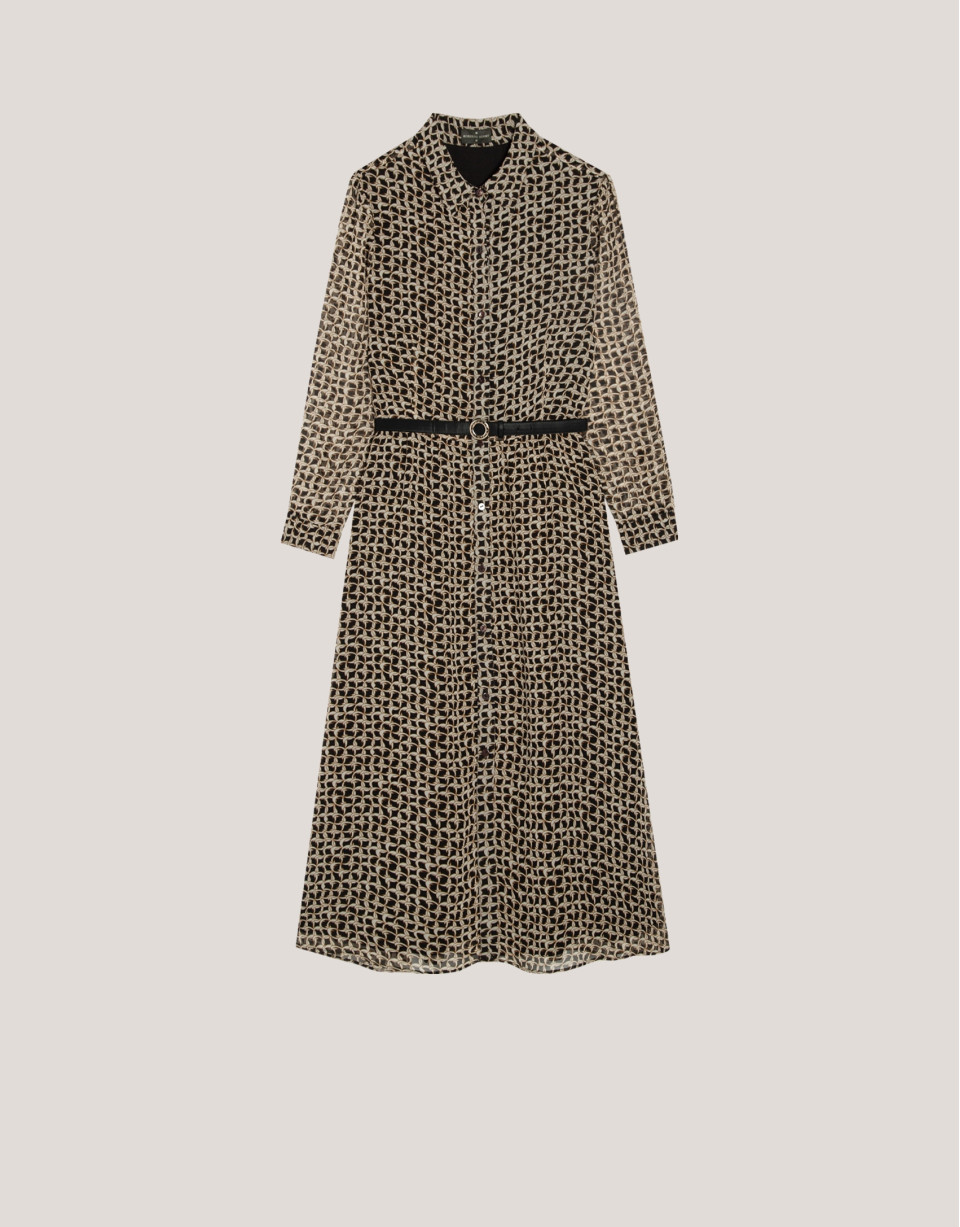 Shirtwaist midi dress with brown geometric print | Roberto Verino