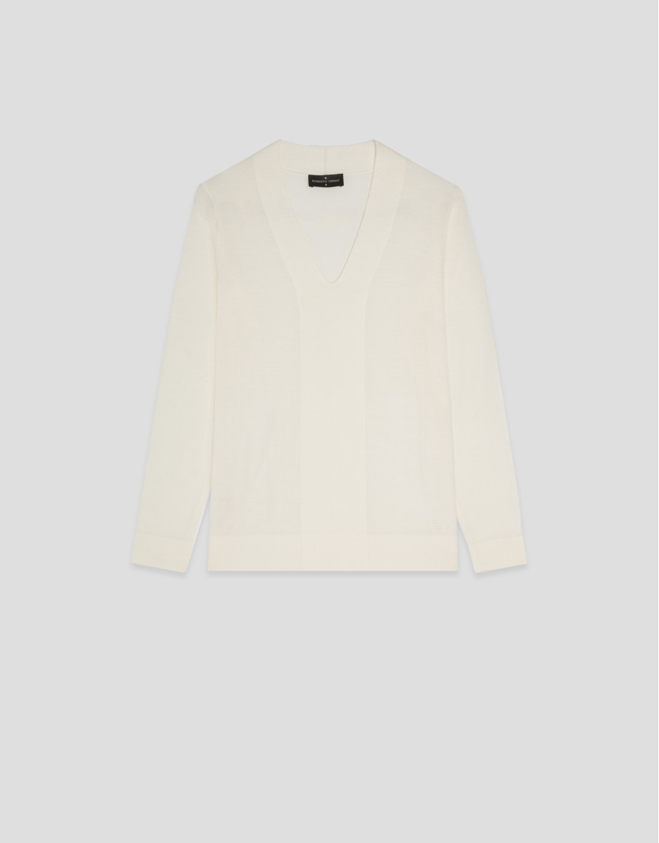 Beige light gauge knit sweater with V-neck | Roberto Verino