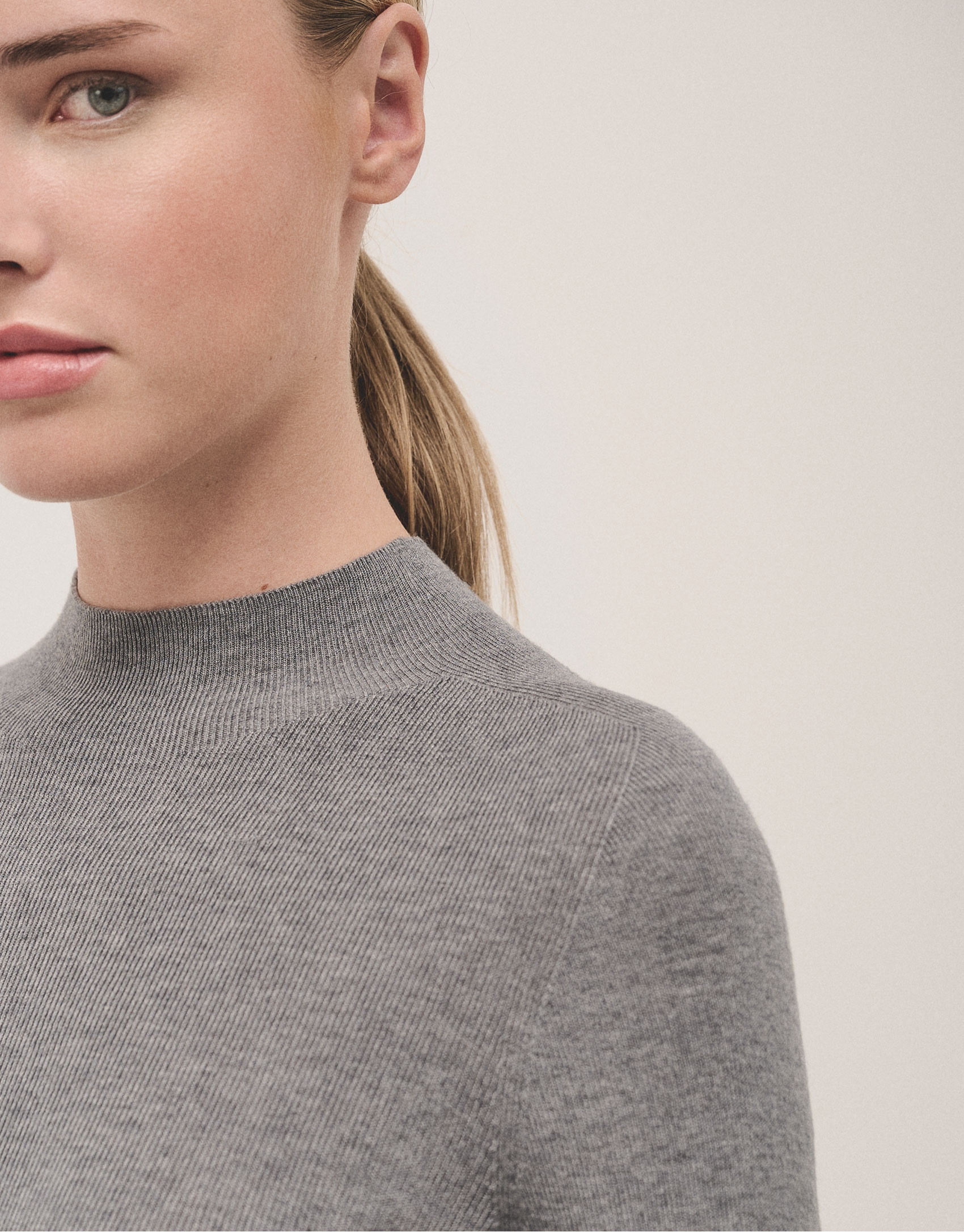 Grey wool and silk rib knitted jumper with ... | Roberto Verino