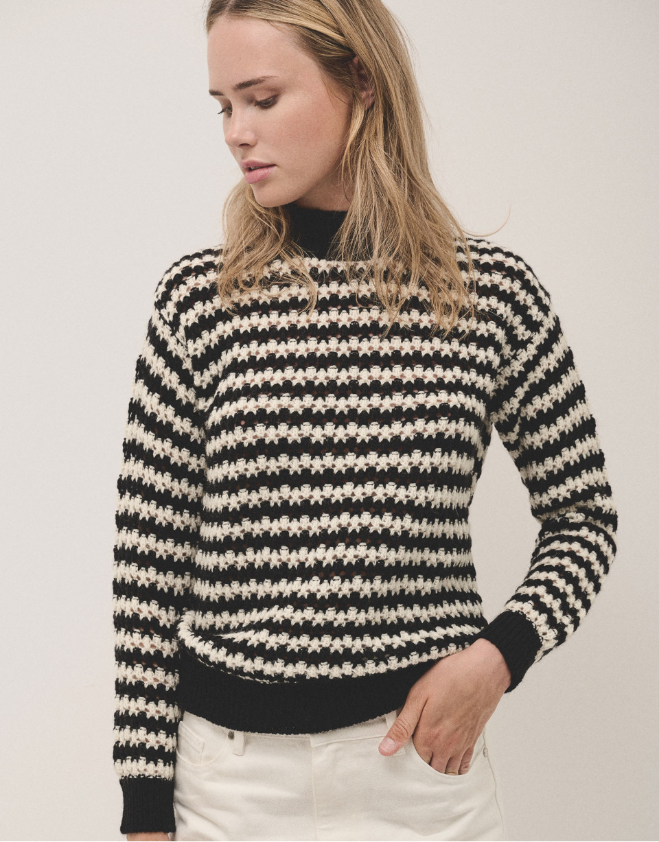 Black and white striped jumper in jacquard ... | Roberto Verino