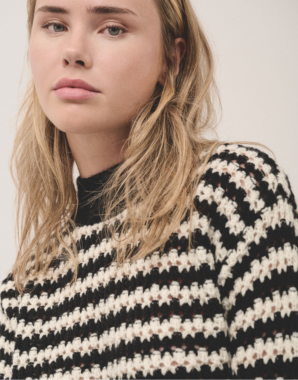 Black and white striped jumper in jacquard ... | Roberto Verino