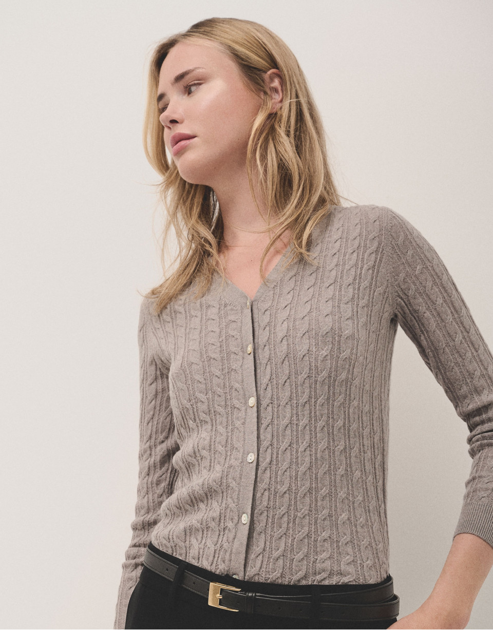 V-neck cardigan knitted wool taupe - Woman | Roberto Verino