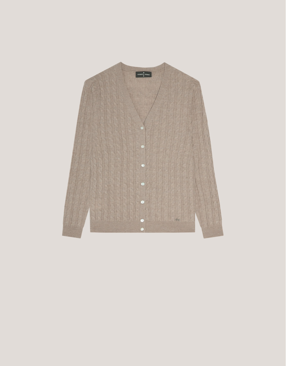 Chaqueta cuello pico punto de lana beige | Roberto Verino