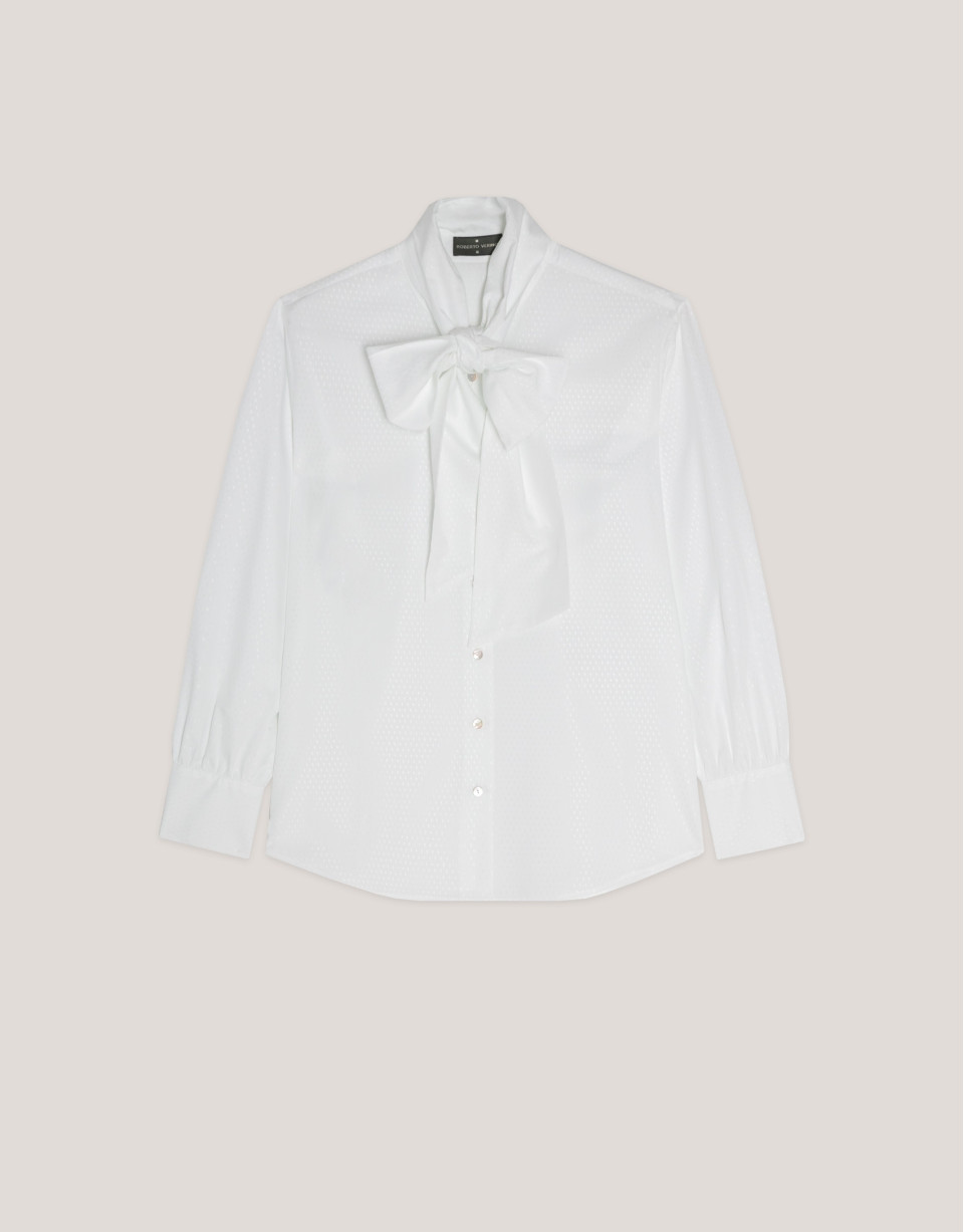 White cotton jacquard rhrombus shirt with bow | Roberto Verino