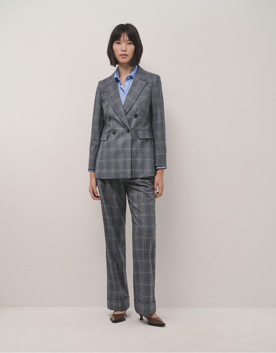 Double-breasted blazer in grey and blue wales... | Roberto Verino