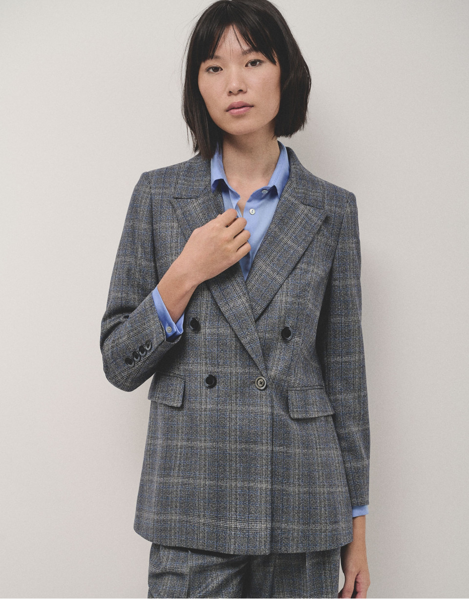 Double-breasted blazer in grey and blue wales... | Roberto Verino