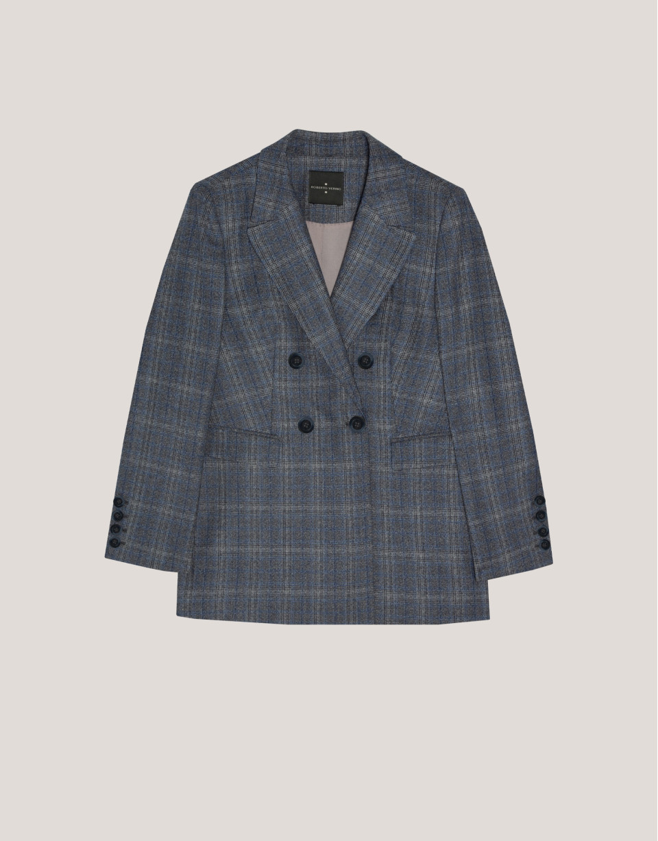 Double-breasted blazer in grey and blue wales... | Roberto Verino